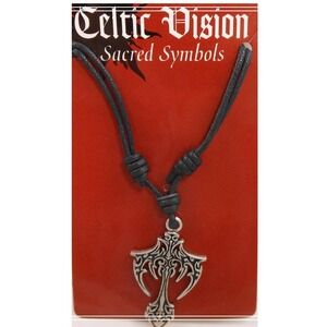 Celtic Vision Sacred Symbols Tribal Cross Pendant Adjustable Black Cord Necklace
